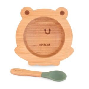 Дитяча бамбукова тарілка на присосці з ложкою Miniland Wooden Bowl Frog